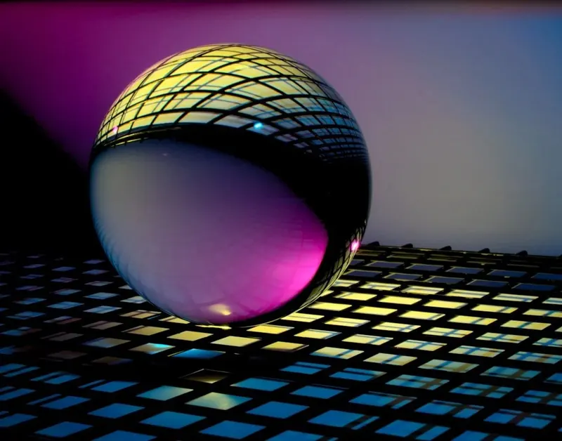 Glass orb on reflective grid surface with colorful lighting.
