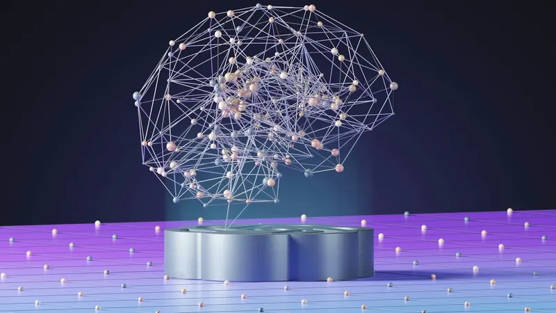 Digital abstract brain with nodes and connections on a pedestal against a dark background.