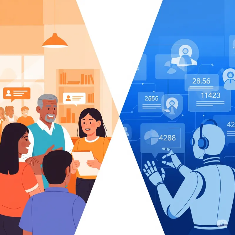 Split illustration showing a human meeting scene and an AI/robot data scene.