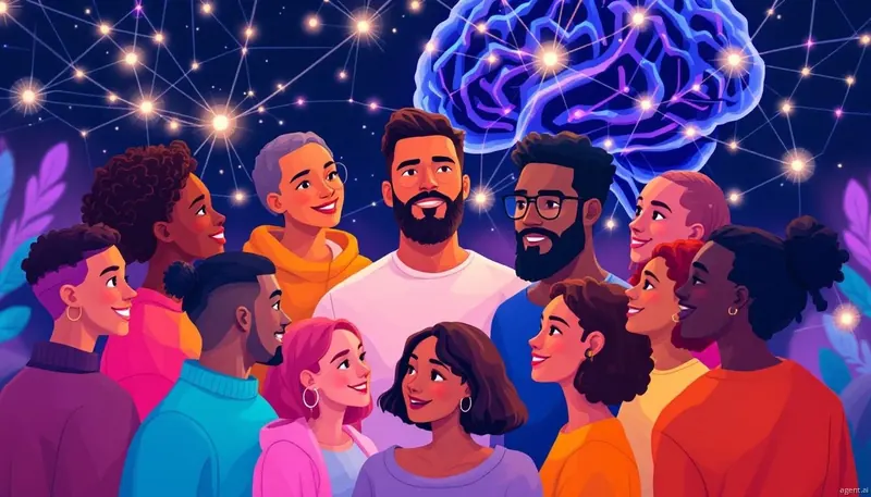 Illustration of diverse group of people in vibrant colors, looking at a glowing brain connected by neural pathways against a cosmic background.