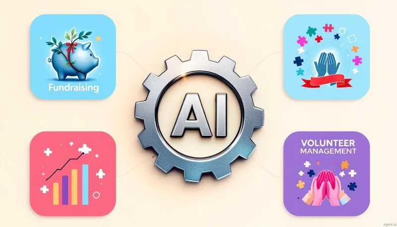Illustration of a central metallic gear with 'AI' text, connected to icons for fundraising, partnership, analytics, and volunteer management.