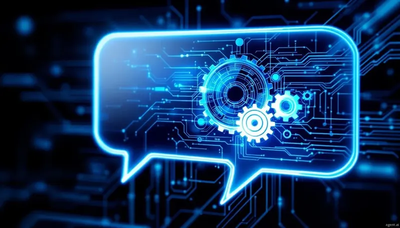 Digital illustration of a chat bubble with circuit patterns and gears, representing technology and communication.