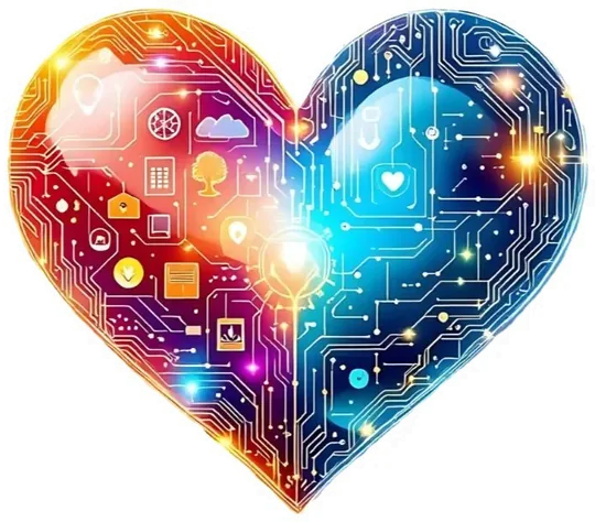 Heart-shaped digital circuit board with colorful icons and symbols