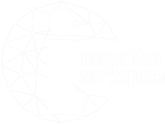 Innovative Workspace logo with abstract network design and large "i" symbol.