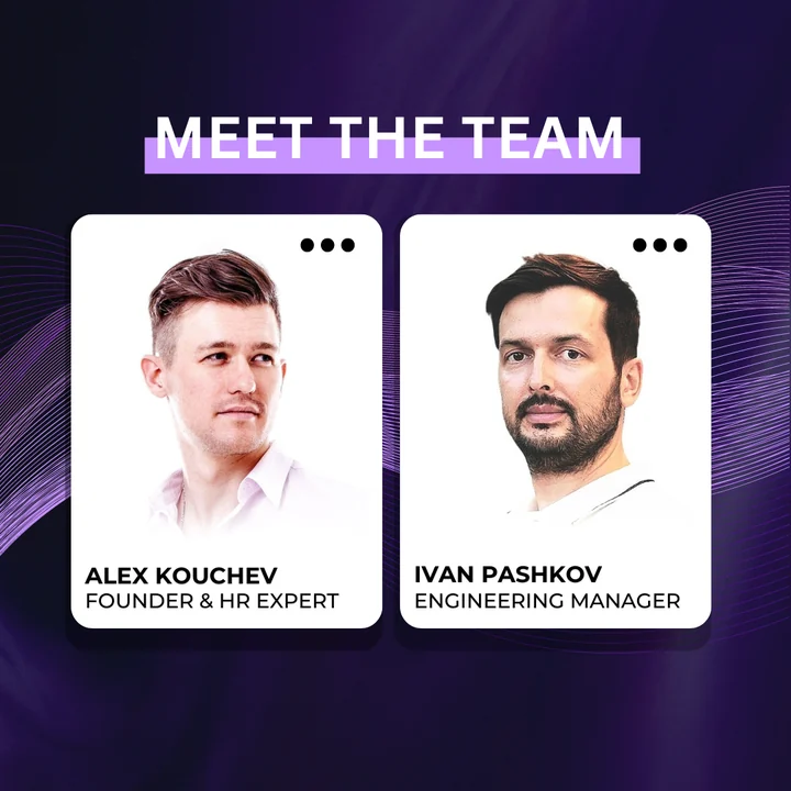 Team introduction graphic featuring two team members, including Alex Kouchev, Founder & HR Expert, against a purple background.